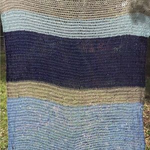 100% Wool Throw Blanket Hand Crocheted Blue Brown Striped Comfy Loose Knit 59x65